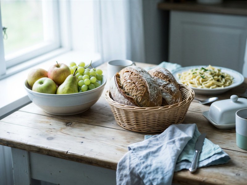 A basket of crusty sourdough loaves beside a bowl of apples, pears and grapes and a plate of pasta on a rustic farmhouse table