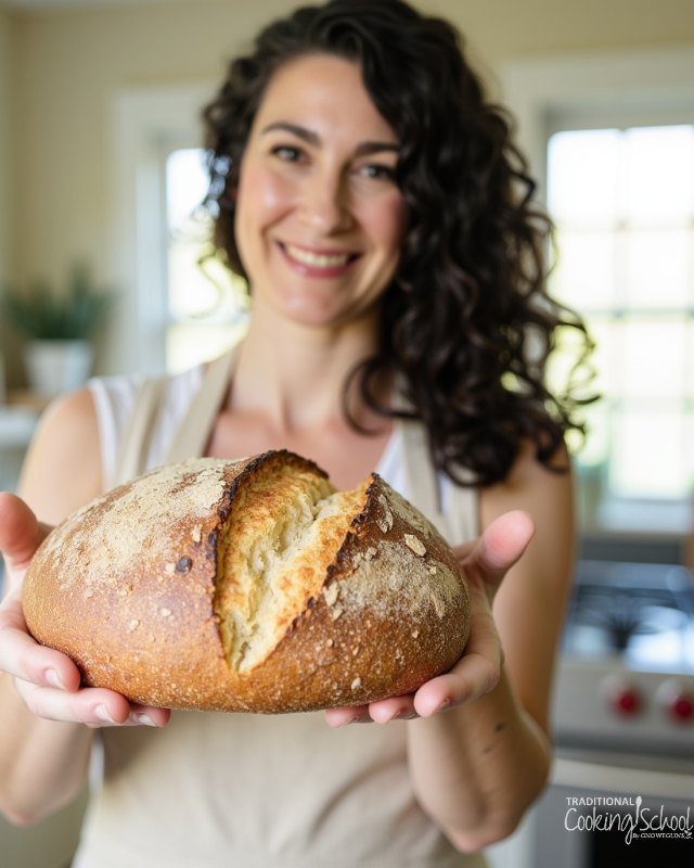 Wardee smiling in her kitchen, holding out a fresh loaf of homemade sourdough bread